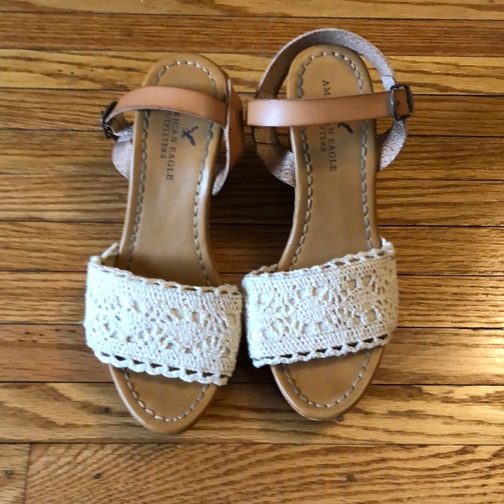 American Eagle Outfitters Tan and Cream Crochet Wedge Sandals